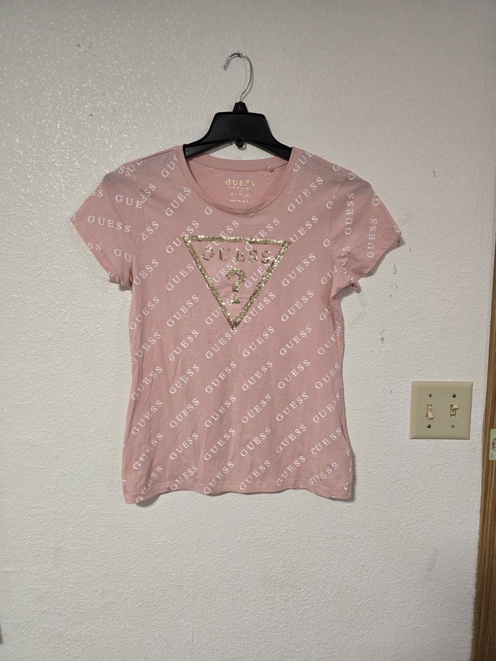 GUESS Women's Pink Logo Tee with Gold Triangle Accent